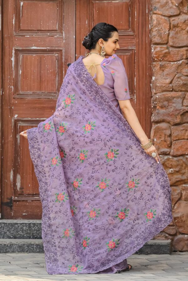 Women's Elegant Sage Green Georgette Saree with Delicate Floral Embroidery & Sequin Work – Perfect for Summer Festivities & Day Events - Image 23